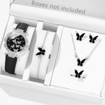 Women Watch Ring Necklace Earrings Bracelet Set Watches Butterfly Leather Strap Ladies Quartz WristWatch (No Box)