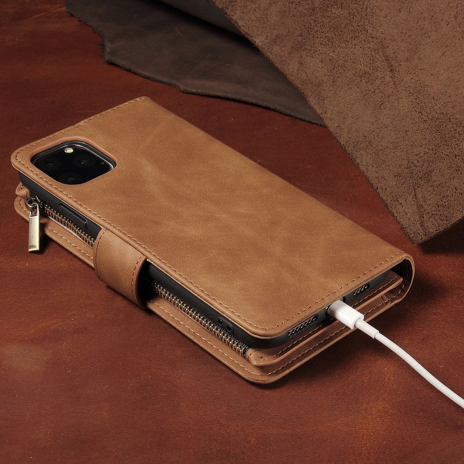 Premium Leather Wallet Case For iPhone 16 15 14 13 12 11 17 Pro Max Plus 17Air 16e Zipper Wallet Card Slots Magnetic Flip Cover