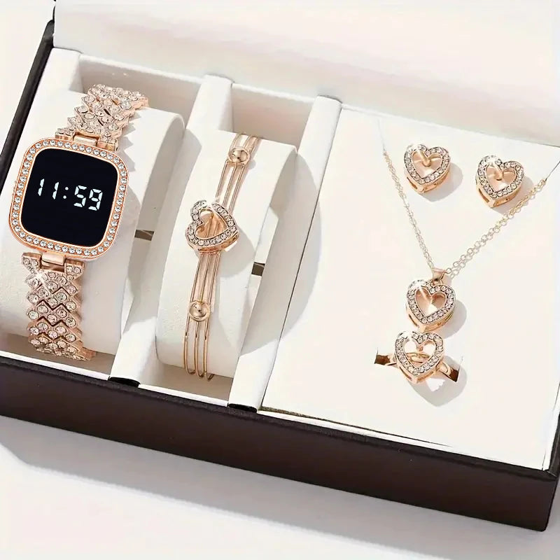 Women Led Watch 6pcs Set  Fashion Casual  Digital Watch FREE Bracelet Ring Necklace Earring