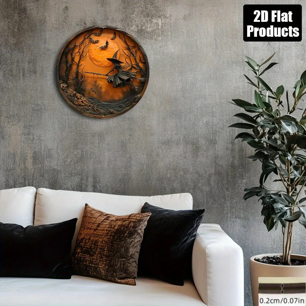 2D Flat, Halloween Wooden Wall Decor - 2D Flat Printed Round Sign with Witch, Bats & Moon Design - Classic Style Home, Kitchen,