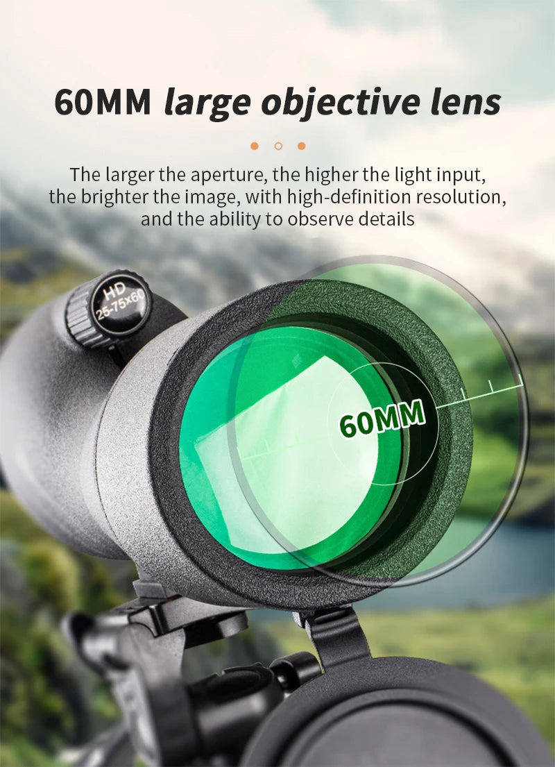 25-75x60 HD Spotting Scope Powerful Monocular Zoom Telescope Prism Waterproof for Birdwatching Target Shooting Camping