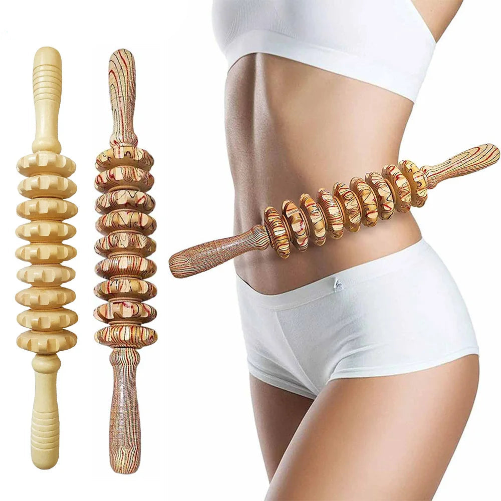 9 Rollers Wooden Handheld Massager Roller Stick for Trigger Point, Anti-Cellulite, Body Muscle Pain Relief