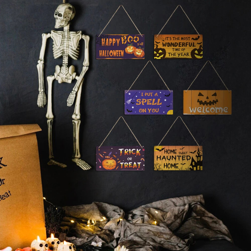 Putuo Decor Halloween Wooden Hanging Pendant Door Sign Pumpkin Ghost Bat Swith Greeting Doorplate Wood Crafts Happy Halloween Da
