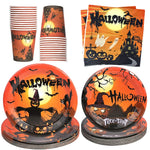 Halloween Disposable Tableware Orange Black Pumpkin Themed Paper Plate Cup Napkin Spooky Themed Decors Halloween Party Supplies