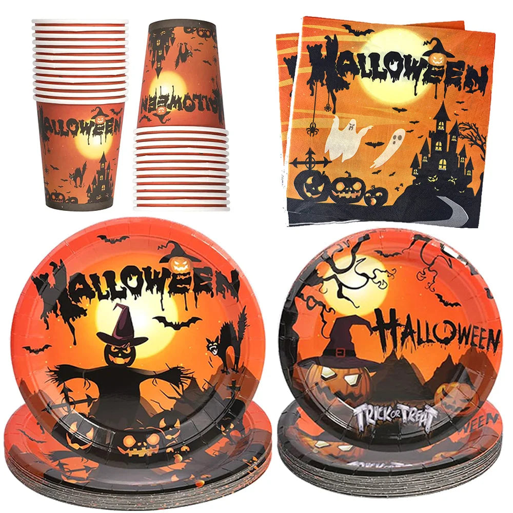 Halloween Disposable Tableware Orange Black Pumpkin Themed Paper Plate Cup Napkin Spooky Themed Decors Halloween Party Supplies