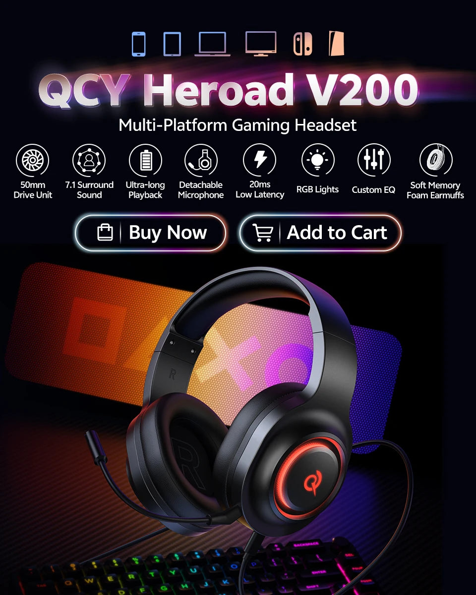 QCY Heroad V200 Gaming Over Ear Headphone Wireless Bluetooth 6.0 with Mic 50mm Driver 7.1 Surround Sound Dynamic EQ RGB Headset