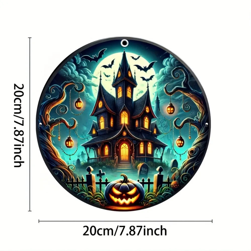 Classic Halloween Haunted House Iron Sign - Weather-Resistant Round Metal Decor for Door & Wreath