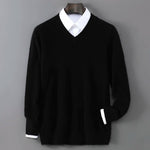 V-Neck Men's 100% Pure Wool Pullover Knitted Sweater, Business Casual Solid Color Simple Long Sleeved Fashionable Loose Warm Top