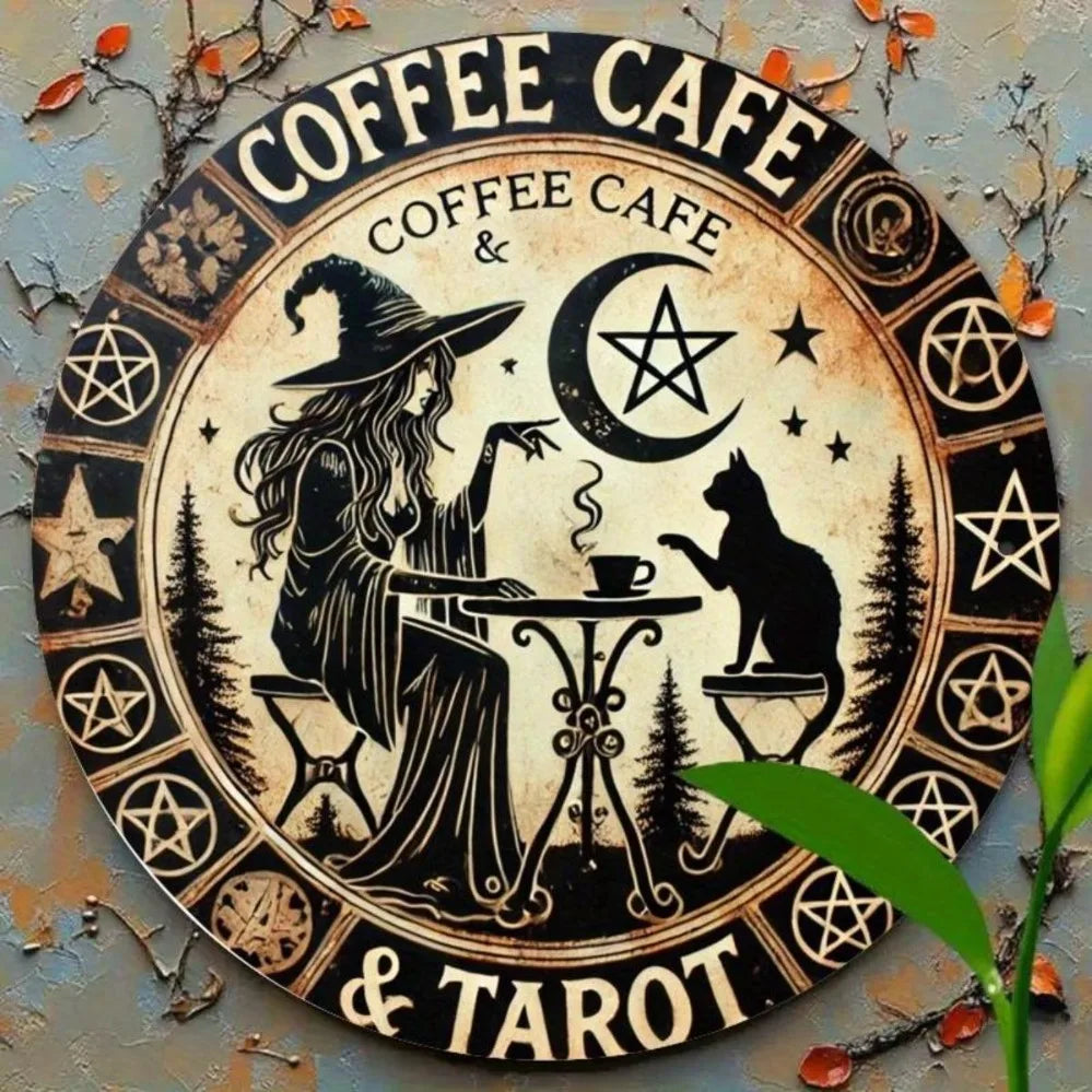 Waterproof Metal Sign - Witchy Coffee Tarot Theme (1 Piece) | Features Mysterious Witch, Cat,Pentagram & Crescent Moon Designs
