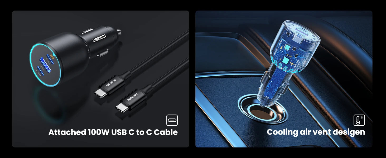 UGREEN 130W USB C Fast Car Charger with PD Cable for For Xiaomi iPhone 17 Samsung Galaxy S25 Laptops Fast USB C Car  Charger QC4