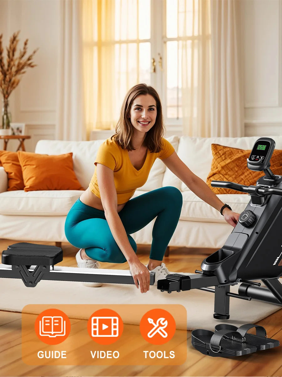MettleMatic RM3 Foldable Rowing Machine, 300N Magnetic Resistance, 16 Levels, Bluetooth, 150kg Capacity