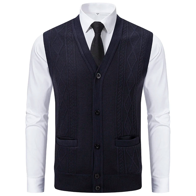 Autumn Winter Warm Slim Fit Knit Vests Men V-Neck Solid Color Smart Casual Knitted Waistcoat Mens Geometric Sleeveless Knit Vest