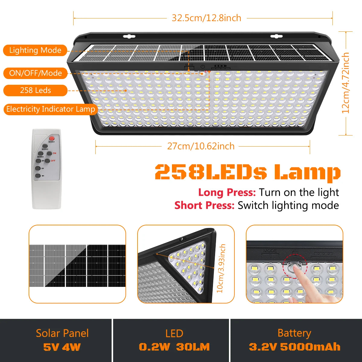 Super Bright Solar Wall Lamp with 3-Mode Solar Powered Flood Lights, IP65 Waterproof for Outdoor Yard and Street
