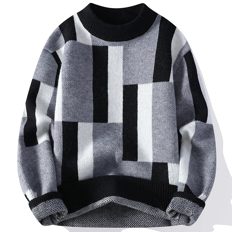 Autumn Winter Men's Mock Neck Knit Sweater Fashion Plaid Knitted Pullovers Men Youthful Vitality Casual Loose Warm Y2K Sweaters
