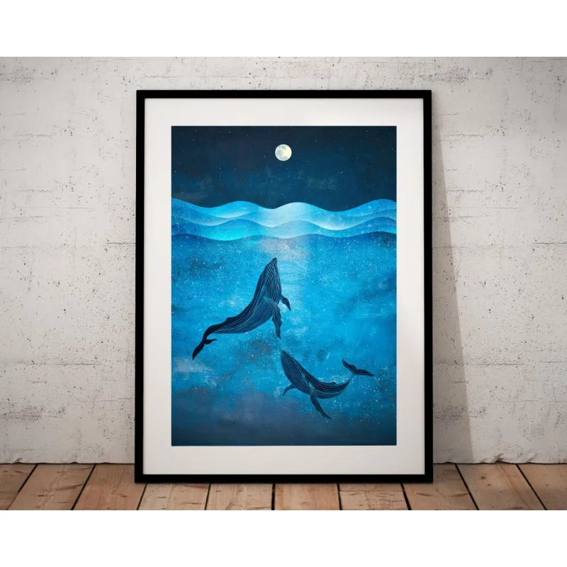 Blue Ocean Canvas Prints Minimalist Nautical Wall Art Wild Swimming Whales Seascape Poster Surfer Waves Picture Home Decor
