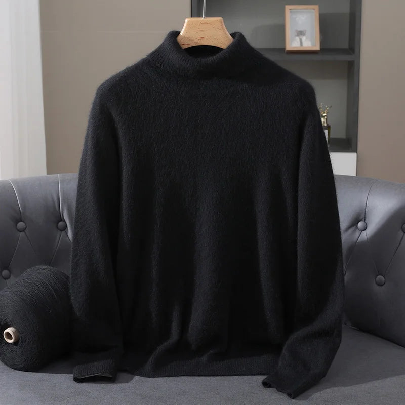 Autumn Winter Men's High Neck Pullover Knitted Sweater 100% Mink Cashmere Long Sleeved Loose Business Casual Warm Top New Styles