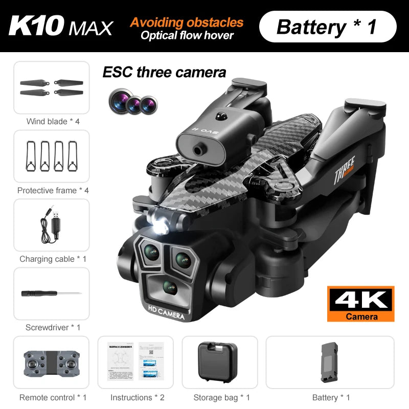 K10 Max RC Drone HD 4K Plane 3 Camera Helicopter Obstacle Avoidance Wifi FPV Quadcopter Optical Flow Aircraft Helicopter Kid Toy