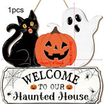 1pcs New Front Door Halloween Welcome Sign Pumpkin Skeleton Wreath Wooden Halloween Party Decoration