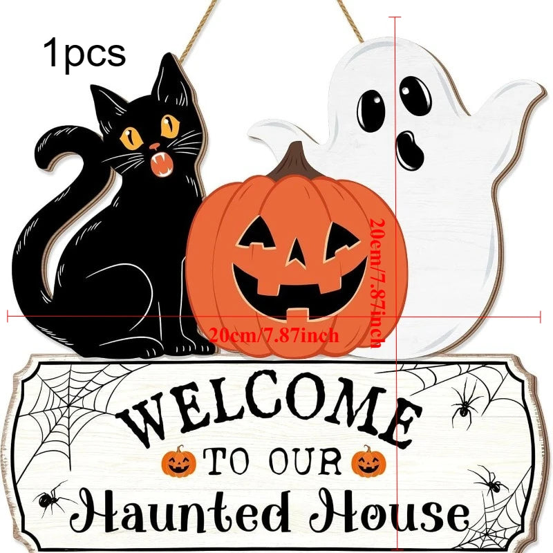 1pcs New Front Door Halloween Welcome Sign Pumpkin Skeleton Wreath Wooden Halloween Party Decoration
