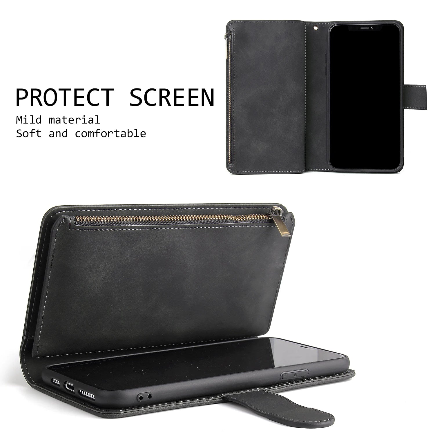 Premium Leather Wallet Case For iPhone 16 15 14 13 12 11 17 Pro Max Plus 17Air 16e Zipper Wallet Card Slots Magnetic Flip Cover