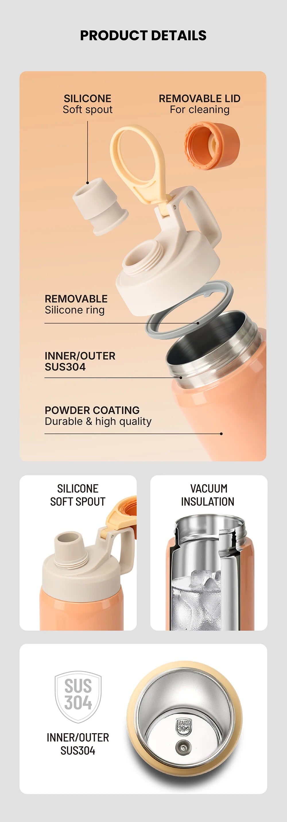 Tyeso Stainless Steel Sports Water Bottle Insulated Leak-Proof Portable Fitness Flask for Outdoor Workouts Travel Vacuum Flasks