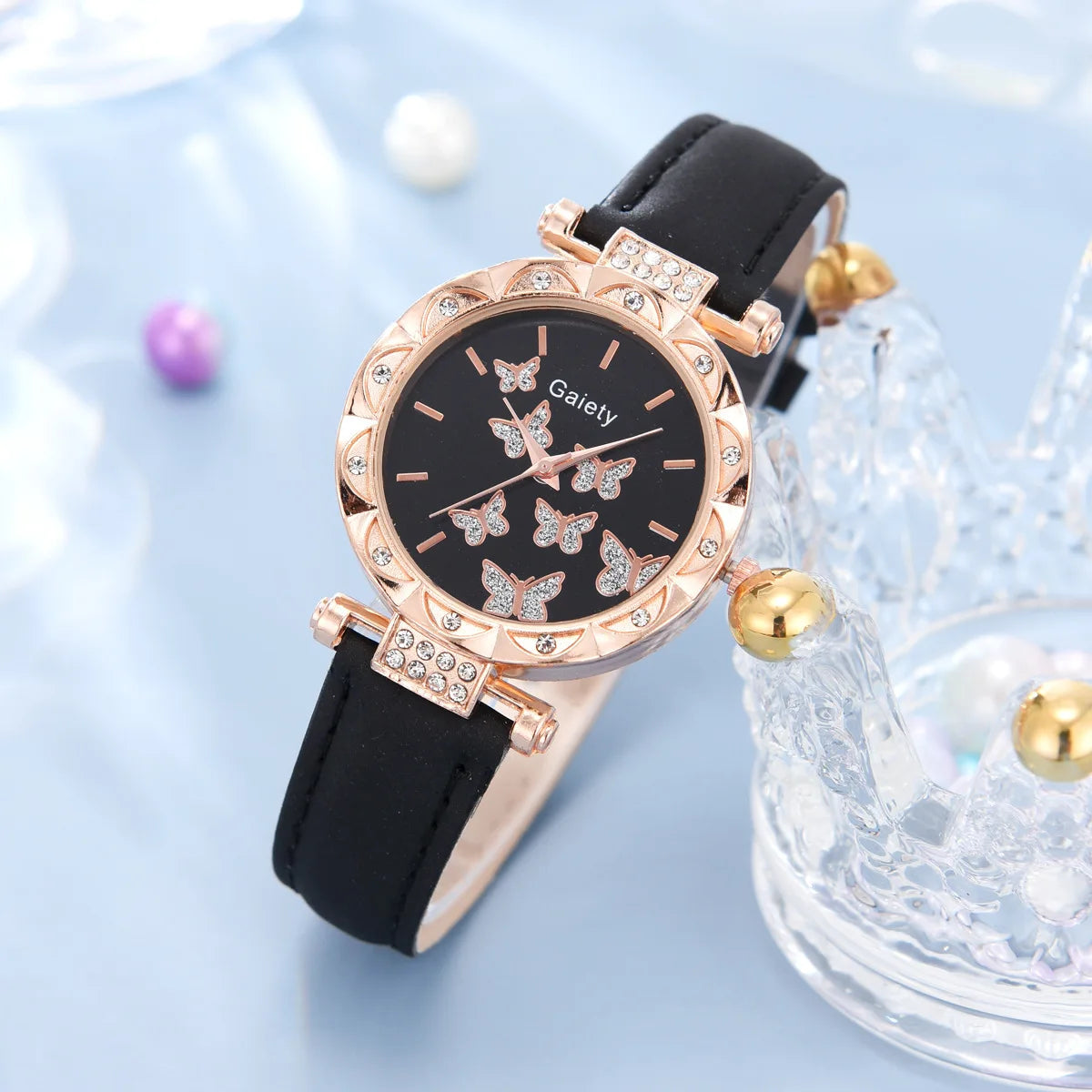 Women Watch Ring Necklace Earrings Bracelet Set Watches Butterfly Leather Strap Ladies Quartz WristWatch (No Box)