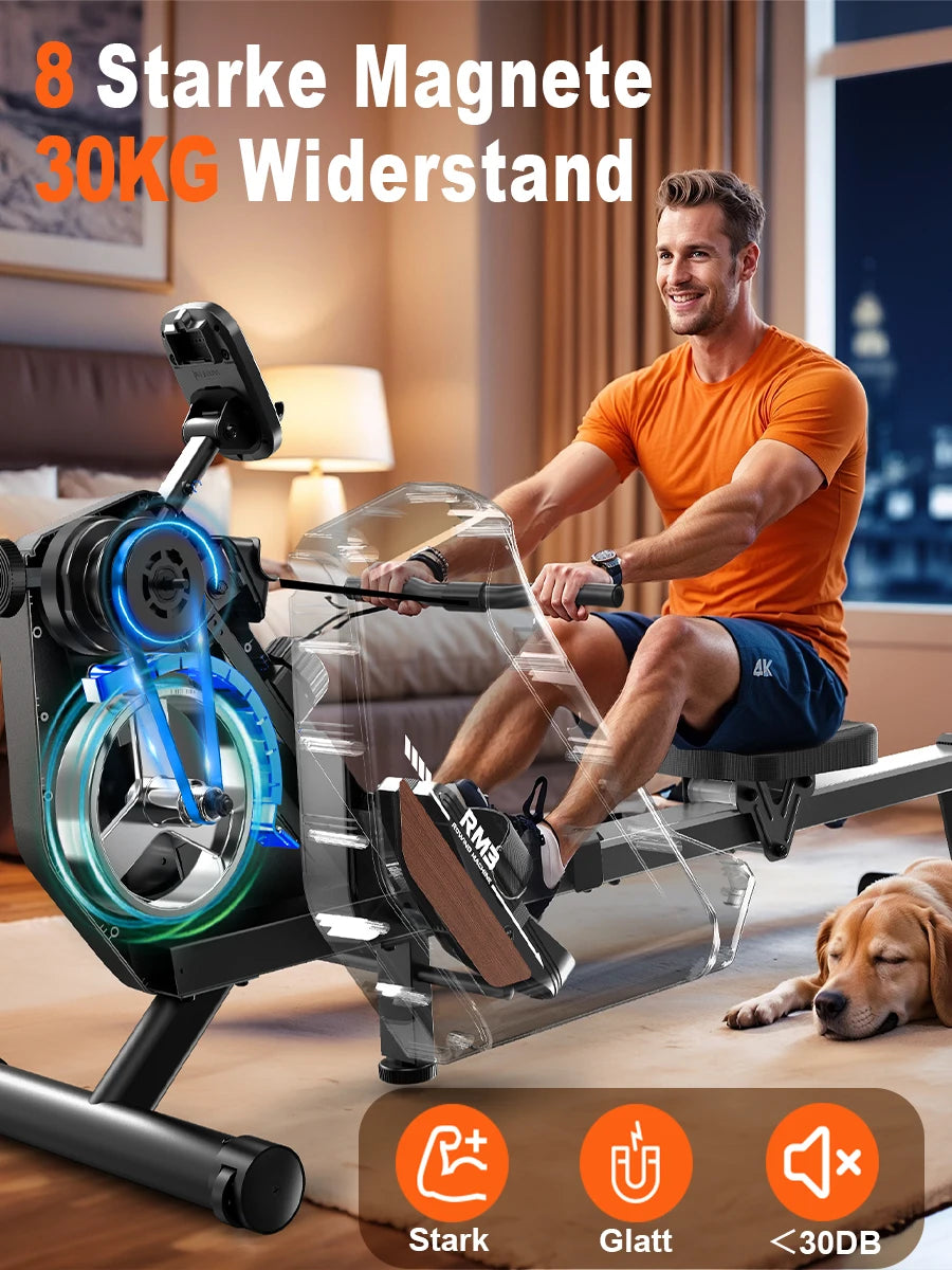 MettleMatic RM3 Foldable Rowing Machine, 300N Magnetic Resistance, 16 Levels, Bluetooth, 150kg Capacity