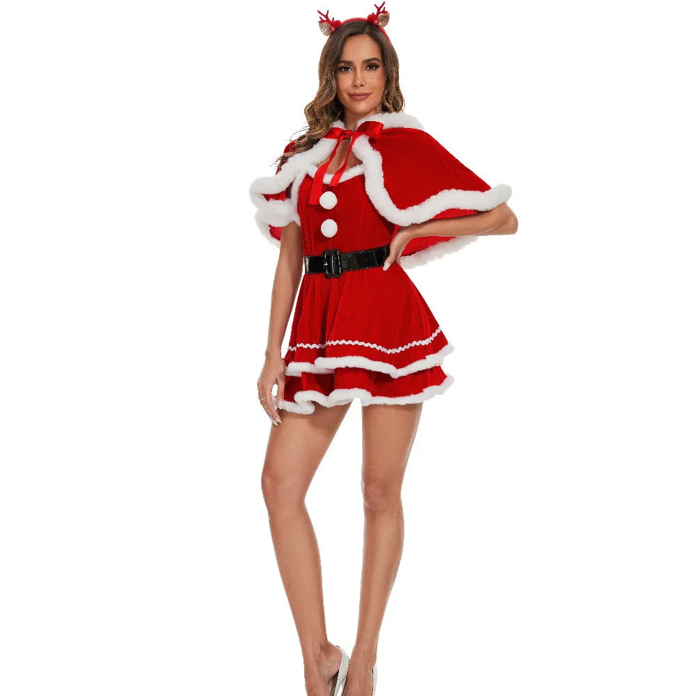 Christmas Women Dress Costume Party Cosplay Outfit Festive Cloak with Attached Hat Holiday Role Play Uniform for  Hooded Cape