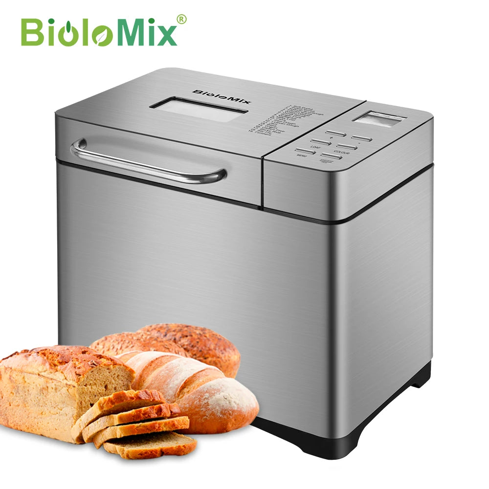 Biolomix 1KG 19-in-1 Stainless Steel Automatic Bread Maker 650W Programmable with Fruit Nut Dispenser Kitchen Appliance