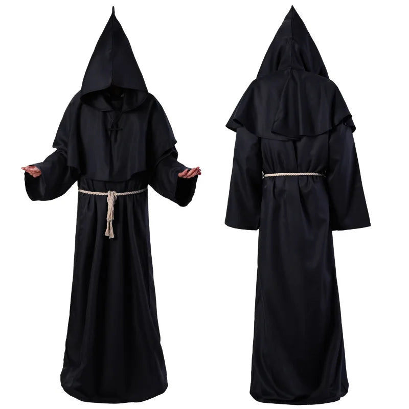 Adult Medieval Wizard Robe with Hood Halloween Priest Costume Gothic Cloak for Cosplay Performance Includes Belt and Cross