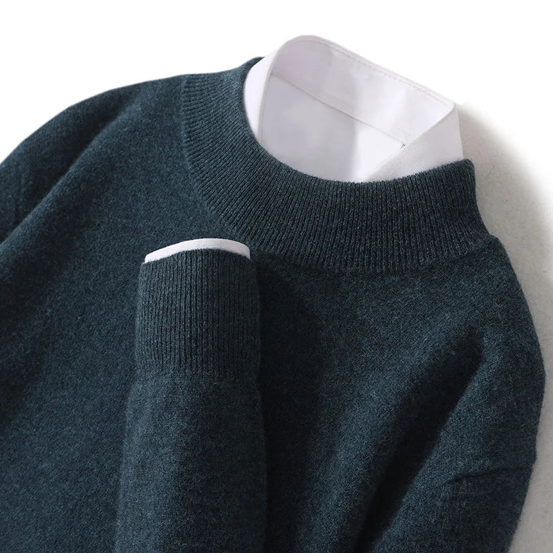 100% Pure Wool Sweater For Men, Half High Neck Knitted Pullover, Long Sleeved Casual Autumn Winter Thick High-End Sweater Warmth