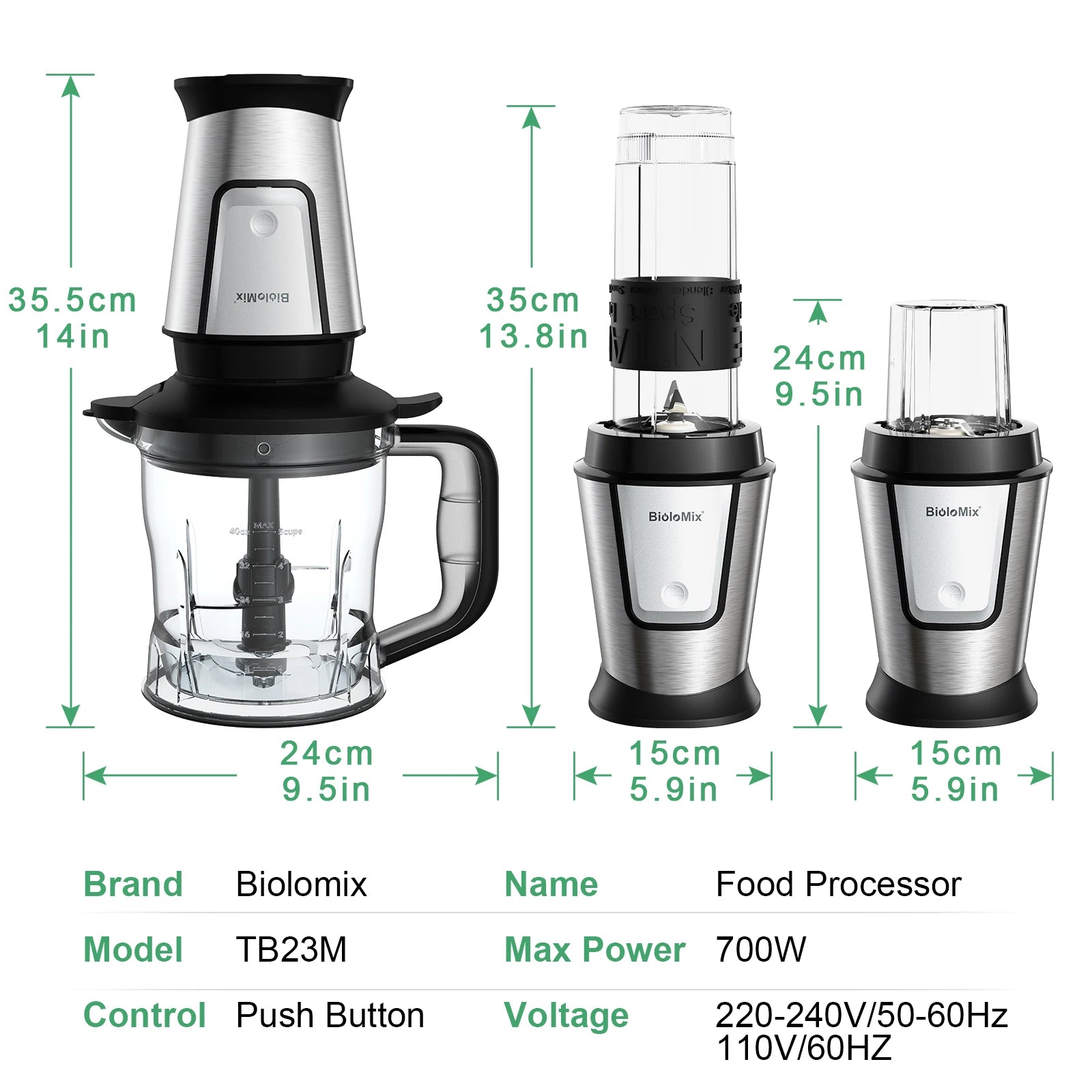 BioloMix 700W 3-in-1 Multifunctional Portable Food Processor Juicer Blender Smoothie Mixer Food Chopper Dry Grinder for Kitchen