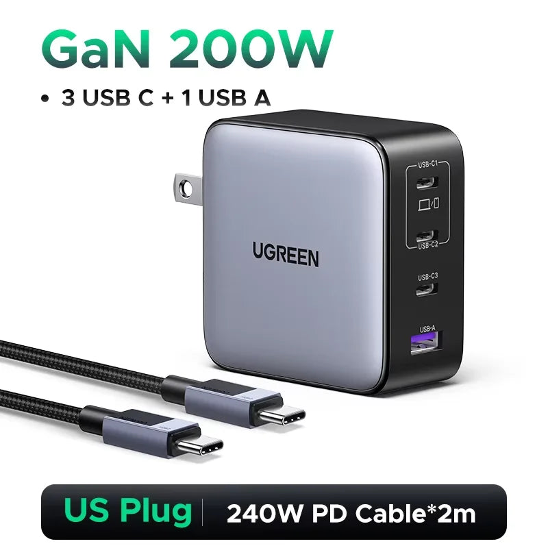 UGREEN 200W Travel GaN Charger PD 3.1 140W QC4.0 3.0 Quick Charge For Macbook Pro Laptops iPhone 17 16 Samsung S25 Xiaomi Tablet