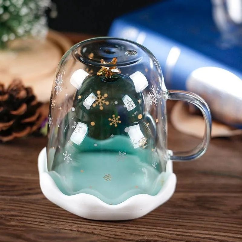 Christmas Tree Cup Transparent Double Heat Resistant Creative Couples Mug Snowflake Drinking Glass Children's Gift Coffee Cups