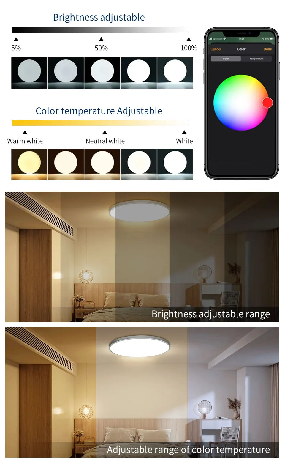 Smart WiFi LED Ceiling Light 24W Cozylife APP Control Voice Control Round Panel Ambient Lamp AC85-265V Works Alexa Geogle Home