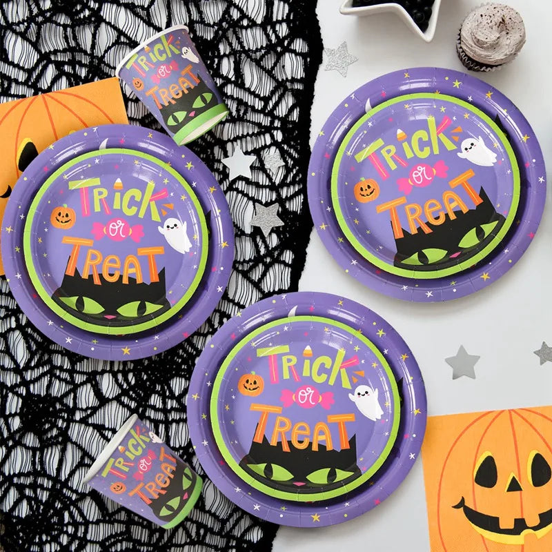 Halloween Pumpkin Black Cat Disposable Tableware Set Halloween Party Decor Kids Favors Trick or Treat  Paper Plates Cup Napkins