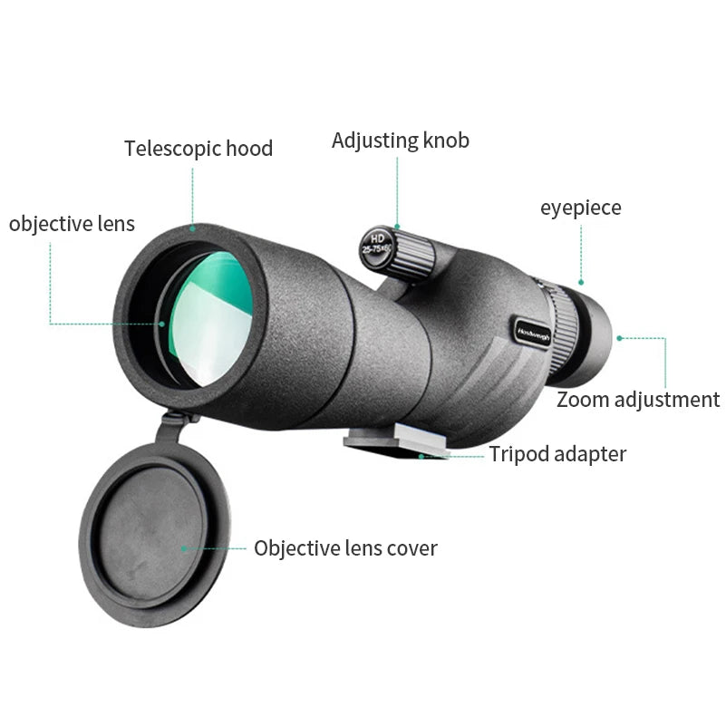 25-75x60 HD Spotting Scope Powerful Monocular Zoom Telescope Prism Waterproof for Birdwatching Target Shooting Camping