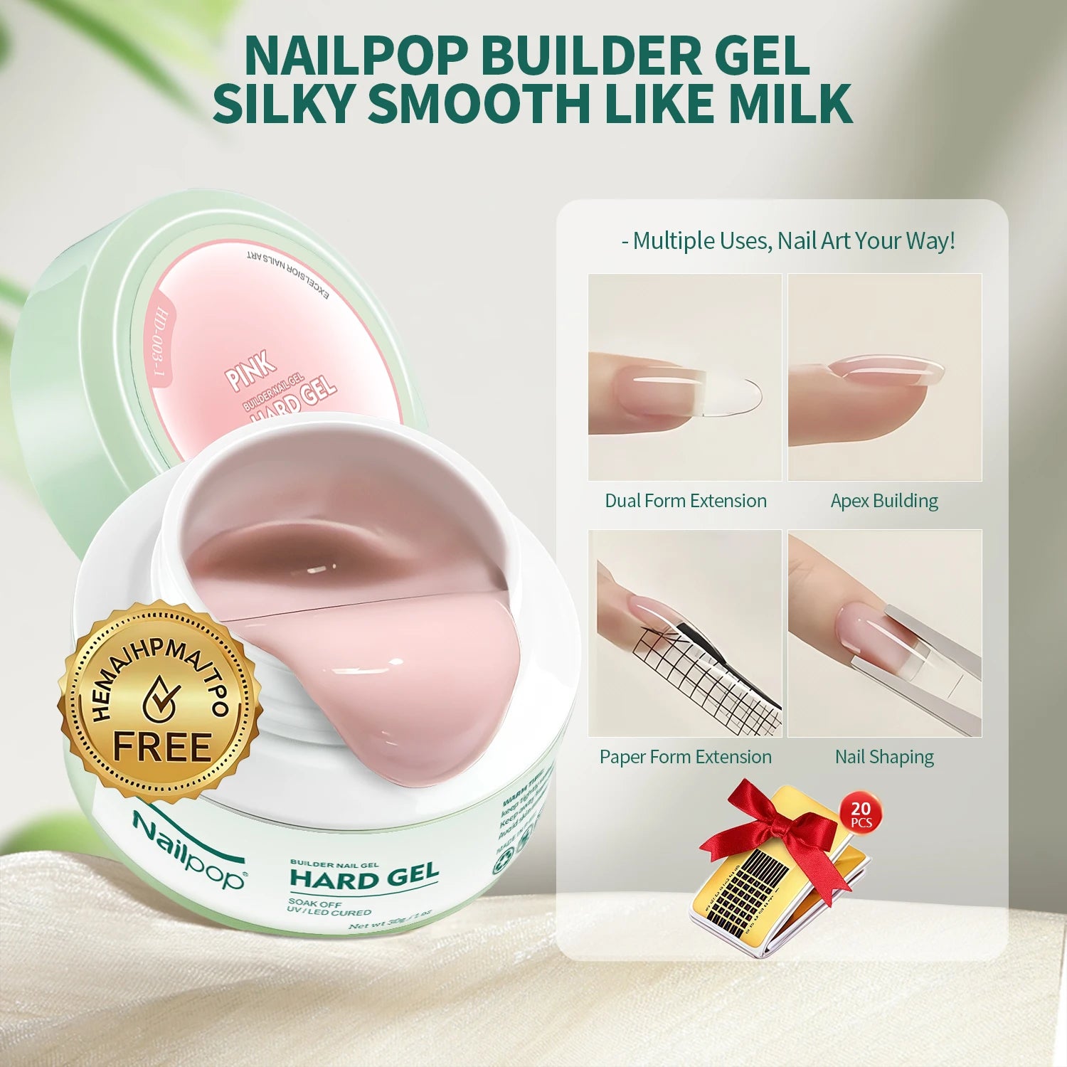 Nailpop HEMA-FREE Builder Gel 30g for Nail Extension Milky Smooth Clear/Pink Long Lasting Quick Building Soak Off UV Nail Gel