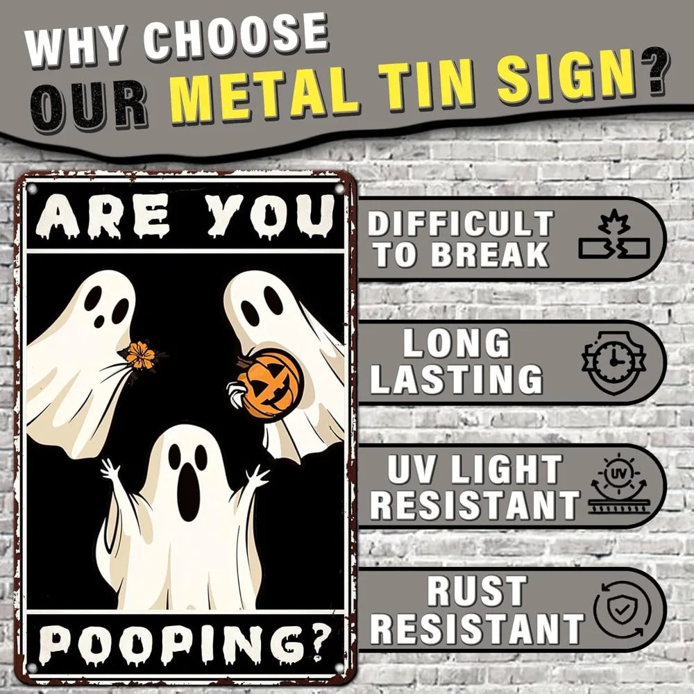 Ghost Metal Tin Sign - Retro Halloween Wall Decor, Rustic Bathroom Restroom Iron Plaque Art