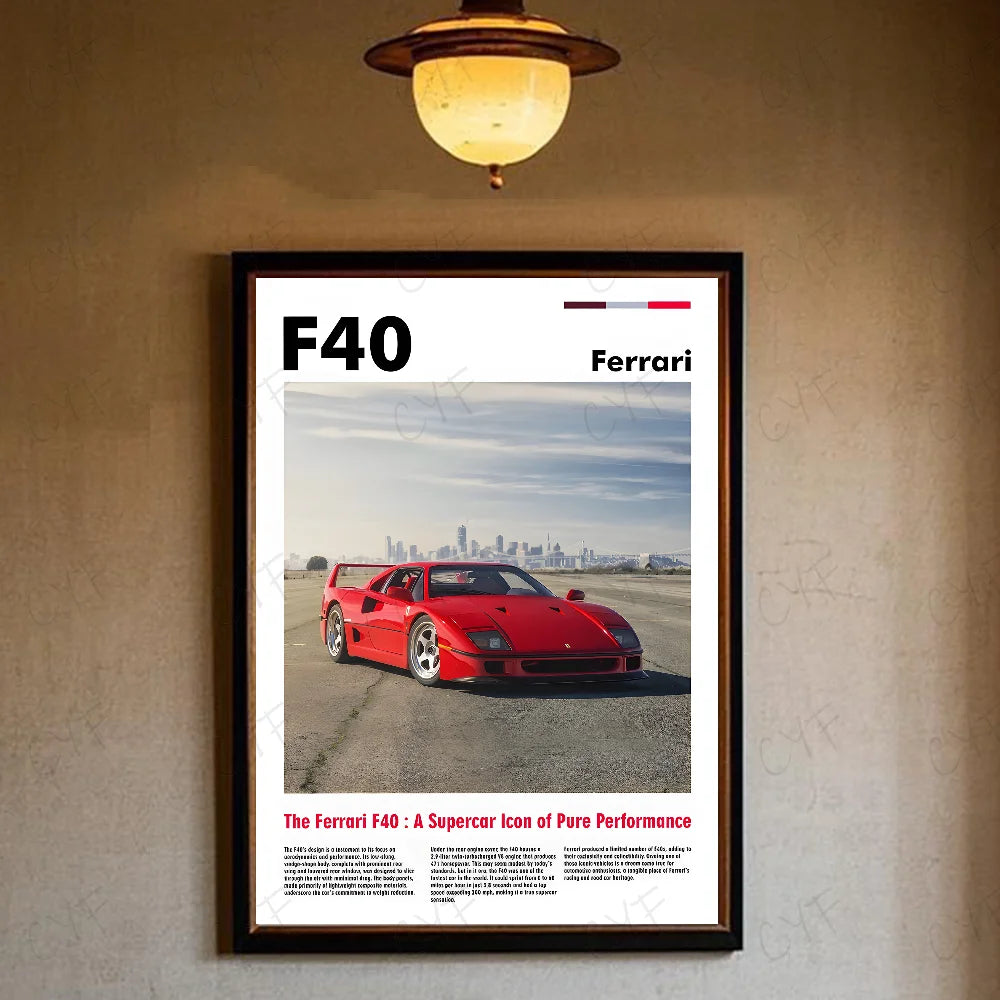 Luxury Classic Retro Red Super Sports Car F40 Art High-quality Printed Posters Homeliving room Wall Art Garage Room Decor