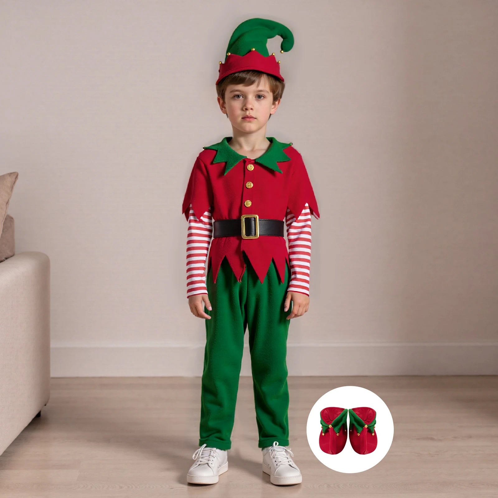 Christmas Elf Costume Clothes Boys Red and Green Patchwork Tops+Pants+Hats+Belt+Socks Cosplay Party Outfits