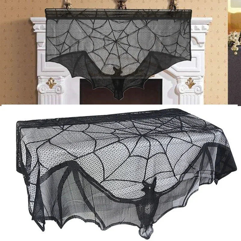 Halloween Decoration Bats Tablecloth Black Lace Spider Web Curtains for Lampshade Fireplace Halloween Party Decor Horror Props