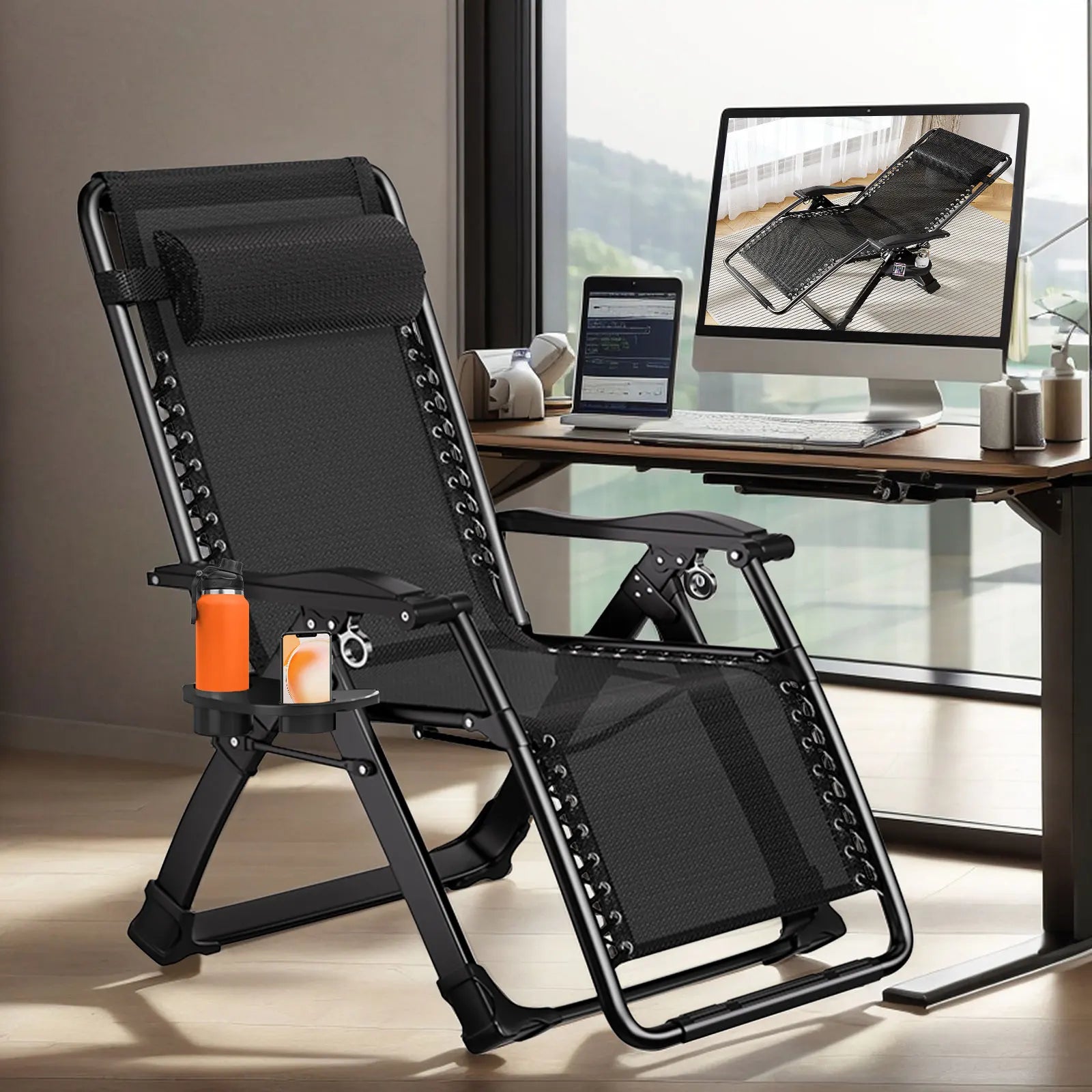 Garden Sunloungers Outdoor Textilene Adjustable Zero Gravity Folding Reclining Lounge Chair with Cup Holder and Headrest Pillow