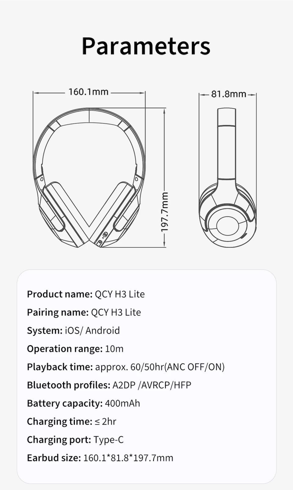 QCY H3 Lite ANC Wireless/Wired Headphones Bluetooth 5.3 Foldable Over Ear Headset HIFI Sound 60H Playtime Earphones Dual Connect