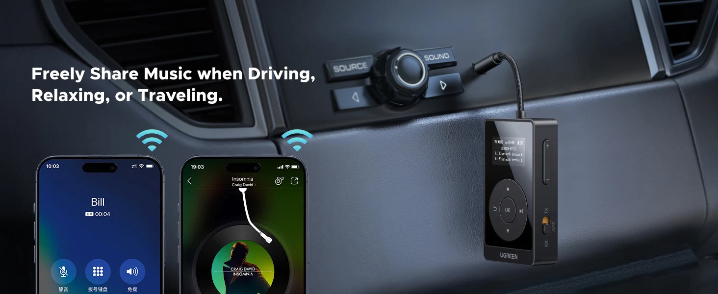 UGREEN aptX HD Airplane Bluetooth 5.3 Receiver Transmitter for All Headphones Wireless Audio Aux Bluetooth Adapter for TV Flying