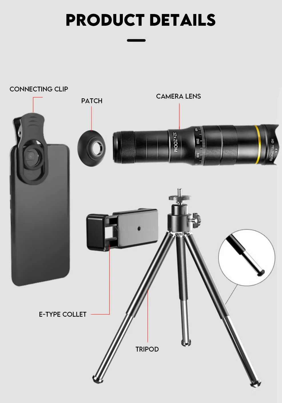 32x Professional Telescope Monocular HD Zoom Phone Lens Camera Telephoto With Tripod Metal Telescope For Tourism Camping