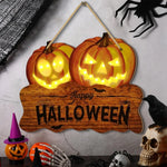 Light up the wooden Halloween sign with two jack-o'-lantern pumpkin lanterns for festive home decoration