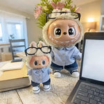 Striped shirt curled jeans set clothes For 15/17cm labubu doll outfit  Metal frame glasses For labubu doll Accessories