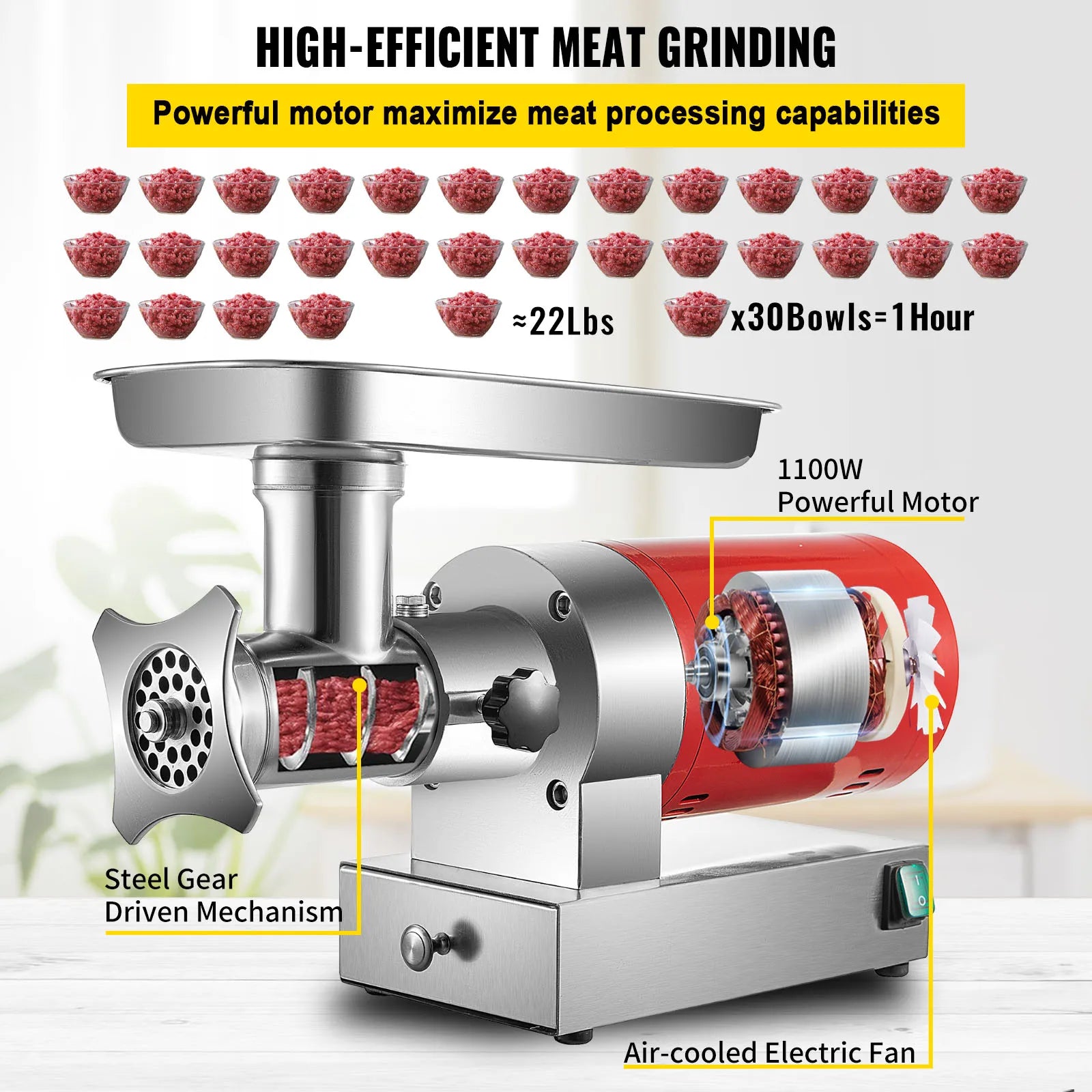 SucceBuy Electric Meat Grinder, 661 Lbs/Hour 1100 W Meat Grinder Machine 1.5 HP Electric Meat Mincer with 2 Grinding Plates,