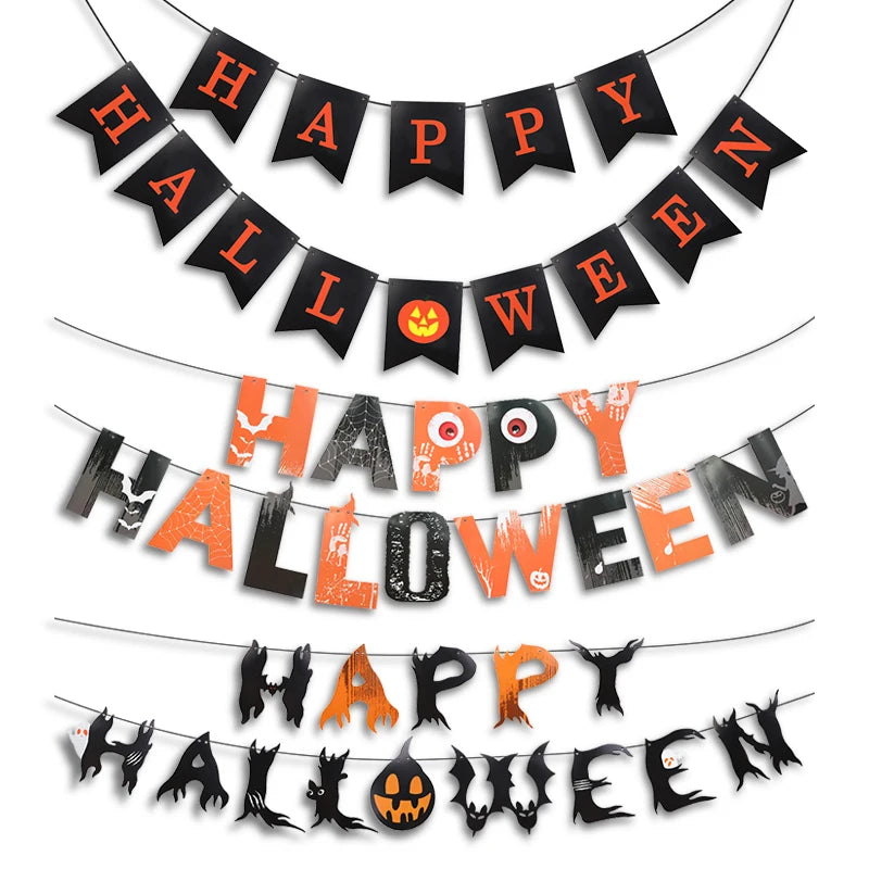 2025 Halloween Party Banner Hanging Pendants Bat Pumpkin Paper Garland Trick or Treat Happy Halloween Decoration Supplies Home